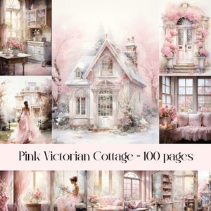 Pink Victorian Cottage junk journal pages, scrapbook paper, blush soft pink theme, english cottage, countryside house, victorian interior