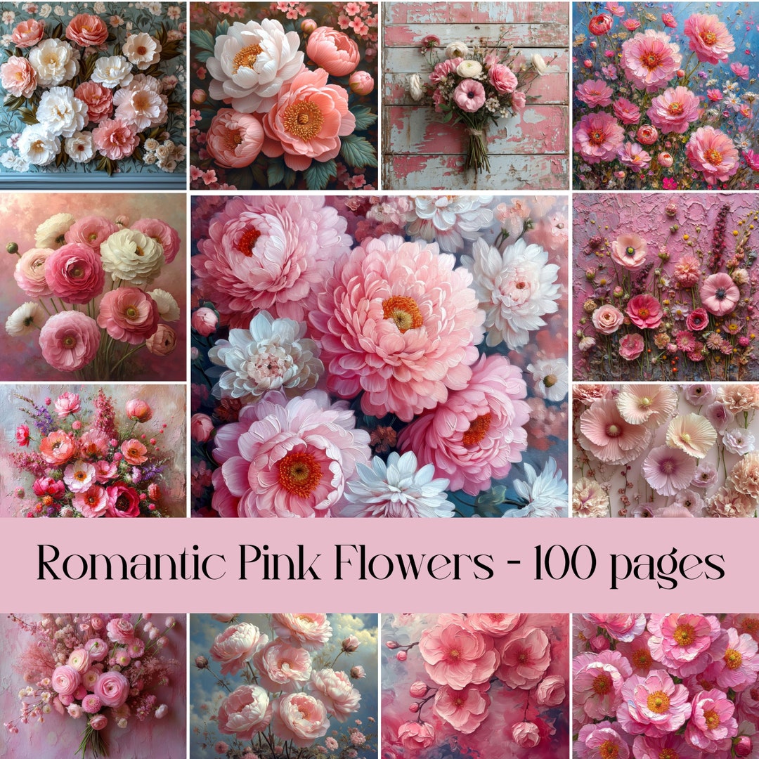 Romantic Pink Flowers, Digital Paper, Scrapbooking, Junk Journal