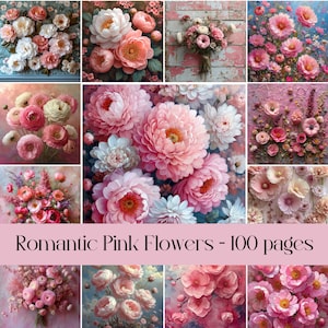 Romantische roze bloemen, digitaal papier, scrapbooking, junkjournal, collage, bloemenpapier, shabby chic, rozenpapier, achtergrond, efemere