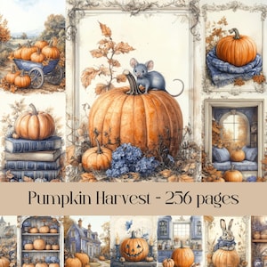 Páginas de cosecha de calabazas, papel digital, otoño, calabaza de otoño, estilo cottagecore, casa de campo, casa de campo, diario basura, álbum de recortes