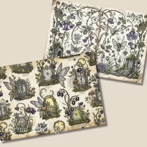 Pu&ograve; includere: Due fogli di carta decorativa con un tema stravagante del giardino delle fate. I disegni presentano fate, cancelli, funghi ed elementi floreali in tonalit&agrave; di verde, viola e crema. La carta ha un aspetto vintage e invecchiato.