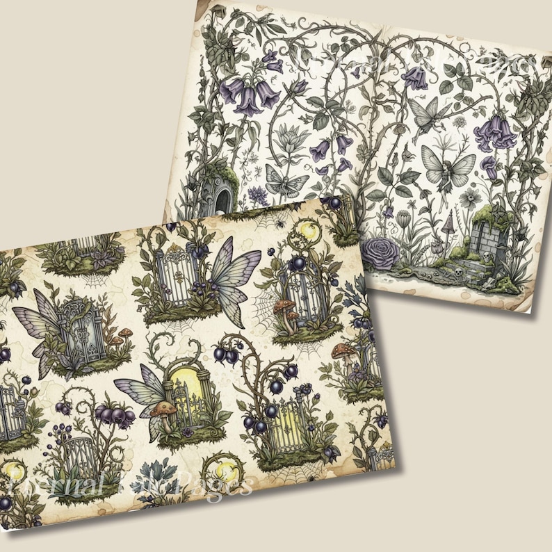 Pu&ograve; includere: Due fogli di carta decorativa con un tema stravagante del giardino delle fate. I disegni presentano fate, cancelli, funghi ed elementi floreali in tonalit&agrave; di verde, viola e crema. La carta ha un aspetto vintage e invecchiato.