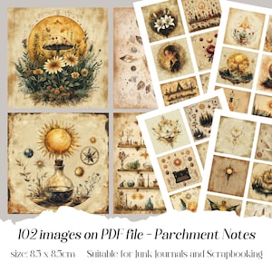 May include: A collection of vintage-style digital images on parchment paper. The images include botanical illustrations, sun and moon designs, and other mystical elements. The text reads "102 images on PDF file - Parchment Notes" and the size is 8.5 x 8.5cm.