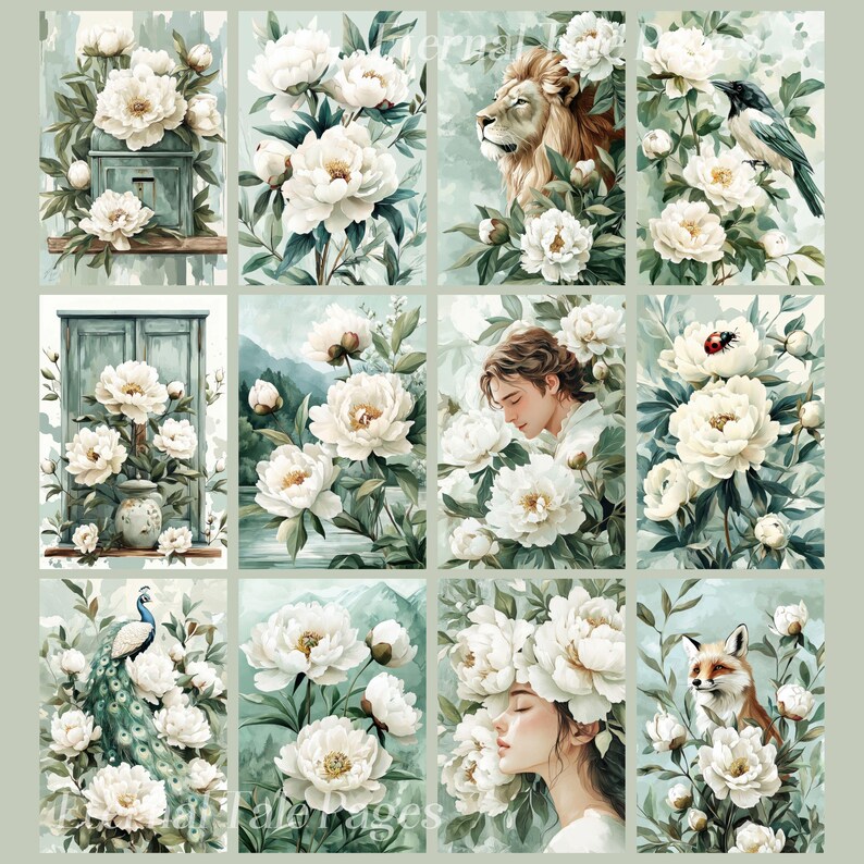 White Peonies, Digital Paper, Junk Journal, Scrapbook Paper, Botanical