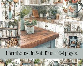 Soft Blue Farmhouse Junk Journal Pages: Cottagecore Ephemera, printable wall art (Digital)