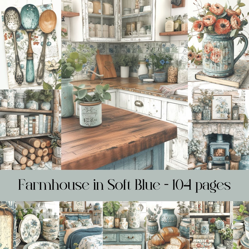 Farmhouse in Soft Blue, junk journal pages, digital paper, digital ephemera, cottage house, cottagecore, cottage core, farm house images image 1