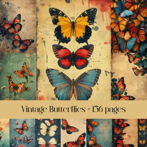 Vintage vlinderpagina's voor plakboek en junkdagboek, insecten, gekleurd oud papier, verweerd, verweerd, vlinderranden, afdrukbaar