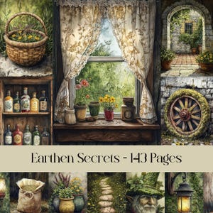 Earthen Secrets Pages, carta digitale, boschi stregati, diario spazzatura, erbe, rustico, piante della foresta, verde, scrapbooking, immagini stampabili