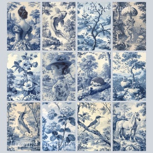 May include: A collage of nine blue and white patterned tiles featuring various images, including a woman in a dress, a fish, a bird, a hedgehog, a horse, and flowers. The tiles are arranged in a 3x3 grid.