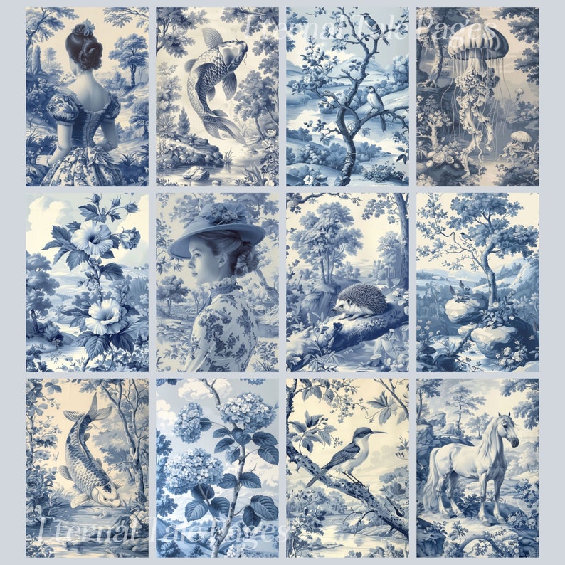 May include: A collage of nine blue and white patterned tiles featuring various images, including a woman in a dress, a fish, a bird, a hedgehog, a horse, and flowers. The tiles are arranged in a 3x3 grid.