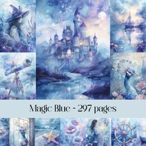 Magische blauwe pagina's voor plakboek en junkjournal, digitaal papier, betoverd, fantasie, dromerig, pastelblauw, heksachtig, spreuken, kosmos, schemering