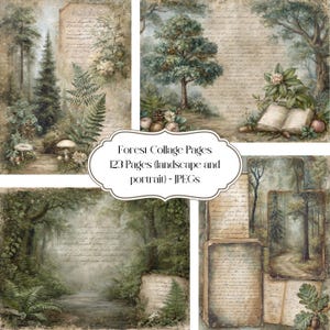 May include: A collection of vintage-style forest collage pages. The images feature watercolor illustrations of trees, ferns, and mushrooms, with handwritten script backgrounds. The text on the image reads "Forest Collage Pages 123 Pages (landscape and portrait) - JPEGs."