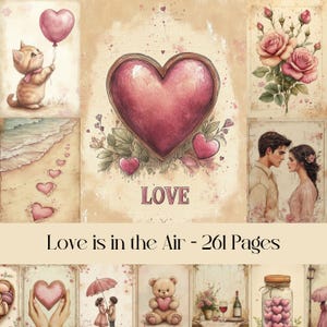 Páginas El amor está en el aire, San Valentín, corazones, papeles románticos, parejas, papel digital, diario basura, papel para álbumes de recortes, imágenes imprimibles