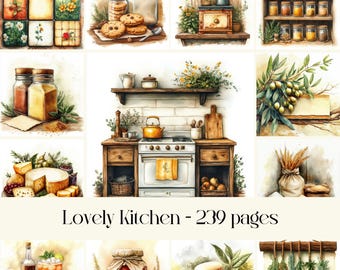 May include: Watercolor illustrations of kitchen-themed items. The image includes jars of spices, cookies, a stove, cheese, olives, and a variety of other kitchen-related objects. The text "Lovely Kitchen - 239 pages" is displayed at the bottom of the image.