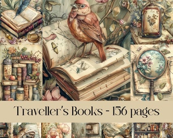 Traveller's Books pages, junk journal, scrapbook paper, vintage ephemera, decoupage paper, floral, book lover, bookworm, reading, images