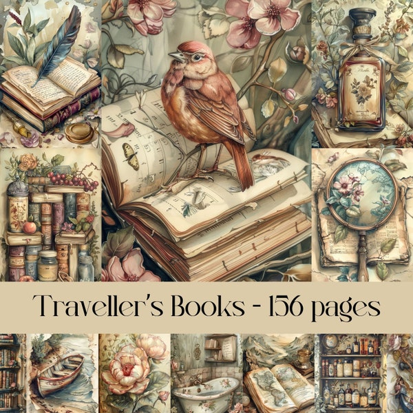Traveller's Books pages, junk journal, scrapbook paper, vintage ephemera, decoupage paper, floral, book lover, bookworm, reading, images