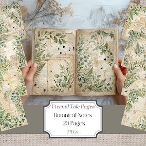 May include: An open book with botanical illustrations and text, held by hands. The pages feature watercolor-style drawings of green leaves and ferns, with ink splatters. The text includes "LE JOURNAL DE BOTANIQUE" and "BOTANICAL NOTES". Additional botanical sketches are scattered around.
