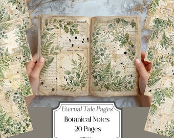 Groen botanisch digitaal papier, vintage herbarium-dagboekpagina's, natuurhistorische botanische notities plakboekachtergronden