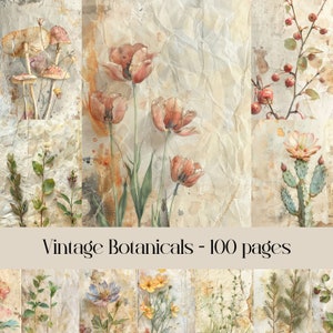 Pagine di diario Vintage Botanicals Junk, immagini floreali, texture della carta, stile vintage, carta per scrapbooking, carta digitale, immagini stampabili