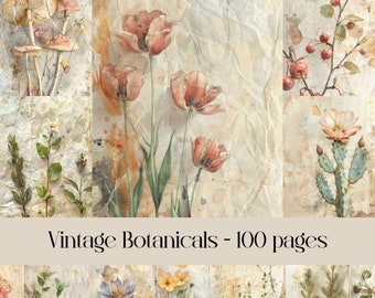 Vintage Botanicals Junk journal pages, floral images, paper texture, vintage style, scrapbook paper, digital paper, printable images