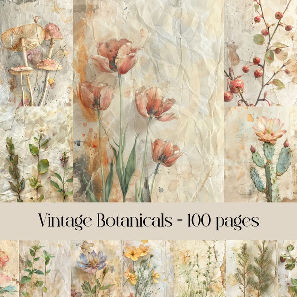 pages de journal Botanicals Junk vintage, images florales, texture du papier, style vintage, papier de scrapbooking, papier numérique, images imprimables