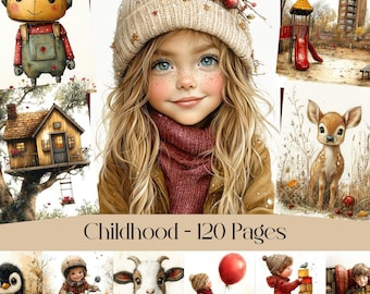 Può includere: Una collezione di illustrazioni a tema infanzia. Le immagini includono una bambina sorridente con i capelli biondi, un robot, una casa sull'albero, un cervo, un pinguino, un bambino in moto, una capra, un bambino con un palloncino e un bambino che costruisce blocchi. È presente anche il testo "Childhood - 120 Pages".