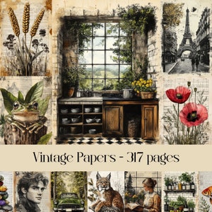 Vintage papieren, digitaal papier, junkjournal, plakboekpapier, collageafbeeldingen, schrijven, dieren, vogels, enorme verscheidenheid, bloemen, landschap, kunst