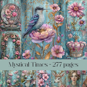 Páginas de Mystical Times para Junk journal y Scrapbooking, azul y rosa, naturaleza, vintage, tema floral, flores y paisajes, imágenes imprimibles