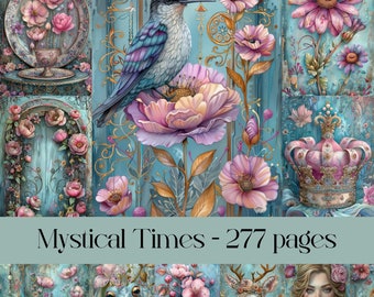 Mystical Times pages for Junk journal and Scrapbooking, blue and pink, nature, vintage, floral theme, flowers and scenery, printable images