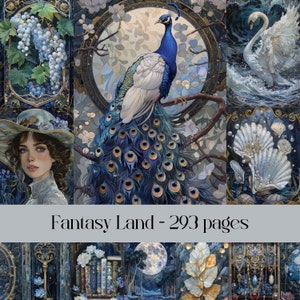 Páginas de Fantasy Land para álbumes de recortes y diarios basura, papel digital, acuarela, naturaleza, mágico, azul y dorado, náutico, animales, paisajes