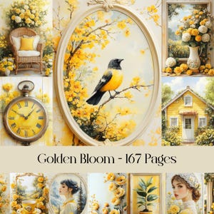 Golden Bloom, geel junkjournaal, frans huisje, cottagecore, zomerplatteland, bloemen, vintage ephemera, digitaal papier, scrapbooking