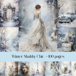 Páginas de diario basura de estilo Shabby Chic de invierno, papel para álbumes de recortes, papel digital con temática de invierno, nieve, invierno acogedor, gráficos de temporada fría
