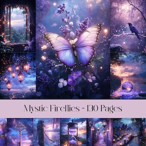 Lucioles mystiques, papier numérique, magie, fantaisie, jardin de fées, journal indésirable, lumières violettes, scrapbooking, nature, éthéré, images imprimables