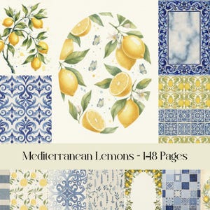 Puede incluir: Ilustraciones en acuarela de limones, hojas y mariposas. La imagen incluye una variedad de patrones, incluyendo diseños de azulejos azules y blancos y motivos de ramas de limón. El texto dice "Mediterranean Lemons - 148 Pages".