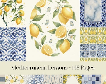 Mediterranean Lemon Digital Paper: Blue Tile Scrapbook (Digital Download)