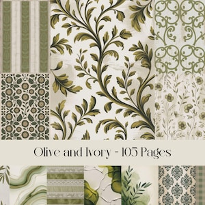 Papeles con fondo oliva y marfil, diario basura, papel digital, verde, blanco, papel para álbumes de recortes, texturas, damasco, botánico, encaje, vintage