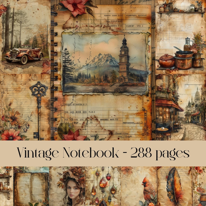 Puede incluir: Cuaderno vintage con un collage de im&aacute;genes que incluyen una torre del reloj, una monta&ntilde;a, un bosque, una llave, un cardenal y una mujer con una corona de hojas. El cuaderno tiene 288 p&aacute;ginas.