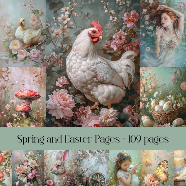 Spring and Easter Junk Journal and Scrapbook digital paper, collage, flowers, animals, printable images, instant download, commercial use