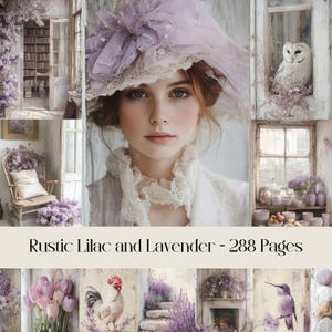 Pages rustiques lilas et lavande, papier numérique, scrapbooking, cottage, campagne, images florales, violet, fleurs, animaux, intérieur