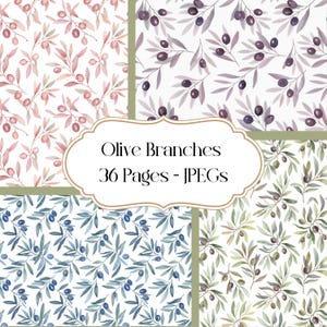 Pode incluir: Quatro padrões em aquarela com ramos de oliveira em vários esquemas de cores. Os padrões incluem ramos de oliveira rosa, roxos, azuis e verdes sobre um fundo branco. A imagem inclui o texto "Olive Branches 36 Pages - JPEGs".