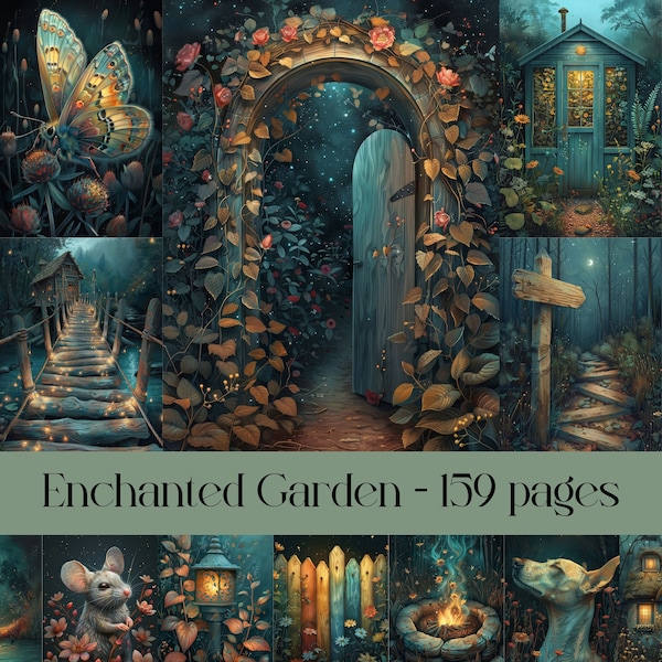 Enchanted Garden Pages, junk journal, scrapbook paper, digital paper, watercolor art, cottage core, midnight forest, fireflies, lights