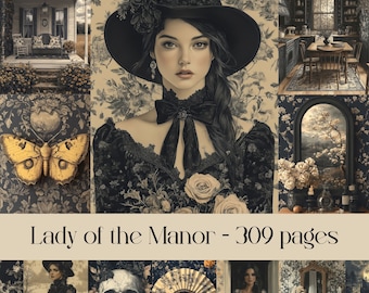 May include: A collage of images featuring a woman in a black dress and hat, a butterfly, a skull, a fan, and a vintage bathroom. The text "Lady of the Manor - 309 pages" is displayed at the top of the collage.
