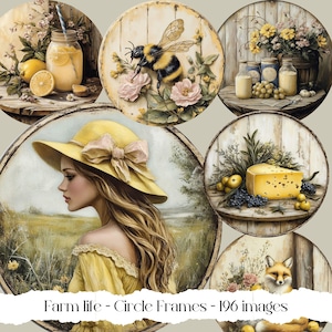 May include: A collection of six round, rustic, wooden frames with various images. The frames feature a bee on a flower, a woman in a yellow hat, a wedge of cheese, a bunch of grapes, a fox, and lemons and a jar of lemonade.