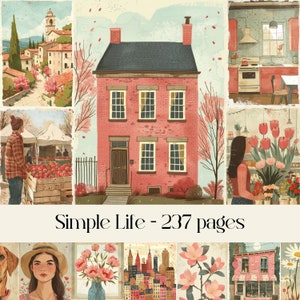 Simple Life pages for scrapbook and junk journal, digital paper, whimsical illustrations, watercolor, printable images, city, local town
