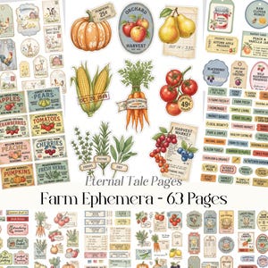 May include: A collection of vintage-style farm ephemera, including labels, tags, and illustrations of pumpkins, apples, tomatoes, and other farm-fresh produce. The design features a rustic aesthetic with handwritten fonts and aged paper textures. The text "Farm Ephemera - 63 Pages" is visible.