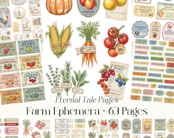 Farm Ephemera Fussy Cuts, Vintage Produce Labels, Cottagecore Scrapbook Elements (Digital File)