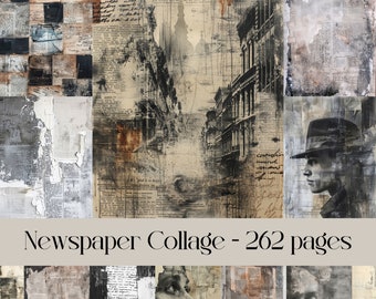 Newspaper Collage pages for scrapbook and junk journal, printable images, vintage paper, text and writing, distressed texture, weathered