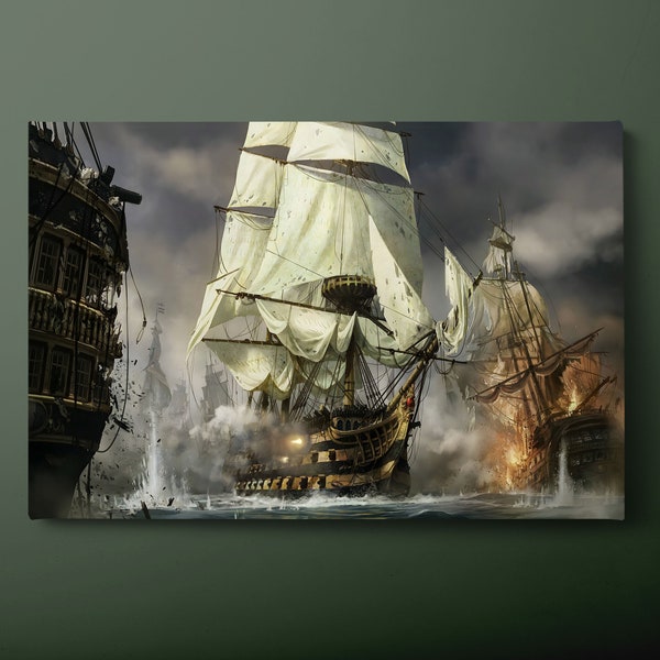 Segelschiff Leinwand Wandkunst, Piratenschiff Leinwanddruck, Napoleon Schiff Seeschlacht Leinwand Gemälde, fertig zum Aufhängen