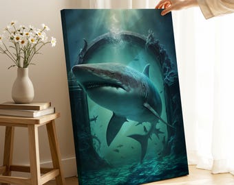 サメの油絵 - 海の野生動物のウォールアート、海洋生物のキャンバス