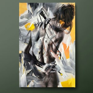 Arte de pared en lienzo abstracto de mujer, impresión en lienzo de cuerpo femenino en amarillo y negro, pintura en lienzo de niña sentada, lista para colgar